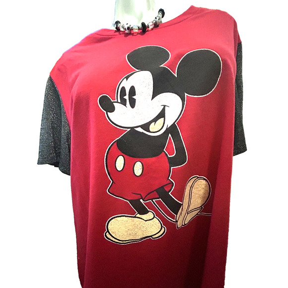 NWT Women’s Disney Mickey Mouse Red And Silver Sleeves T-Shirt in Size 1X 18 20 - Picture 1 of 12